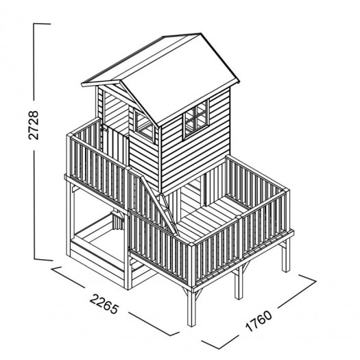 Drewniany domek Hipcio z dwoma ślizgami podwójną huśtawką z platformą i ślizgiem oraz ścianką wspinaczkową