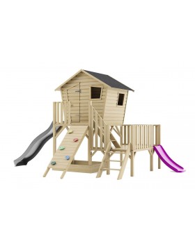 Drewniany domek dla dzieci Małgosia Max z platformą, dwoma ślizgami i ścianką wspinaczkową 