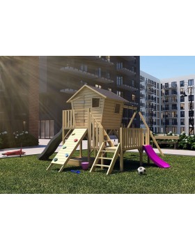 Drewniany domek dla dzieci Małgosia Max z platformą, pojedynczą huśtawką, dwoma ślizgami i ścianką wspinaczkową