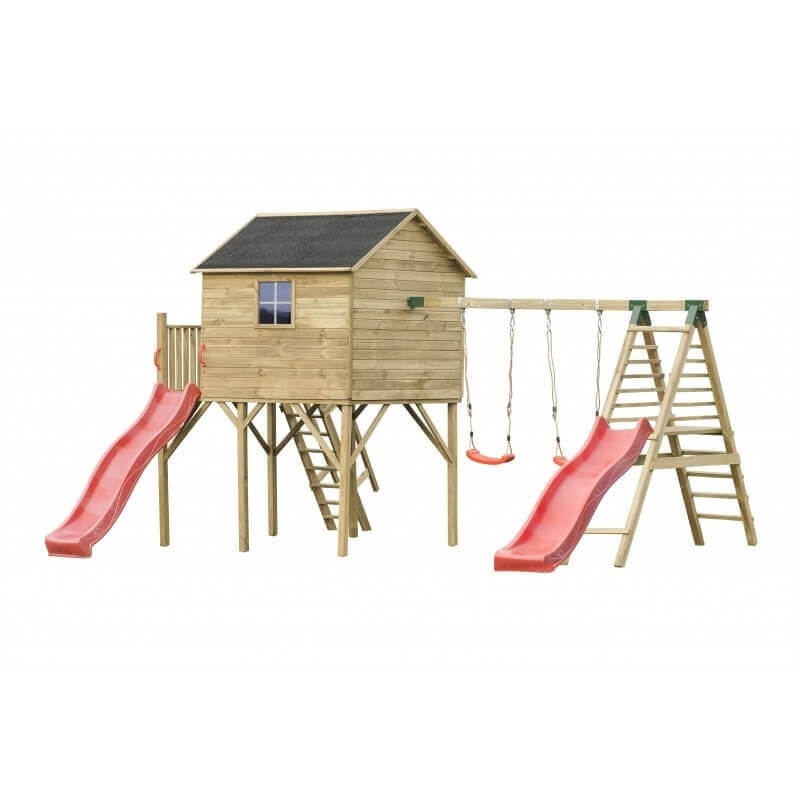  Drewniany domek ogrodowy dla dzieci - Jacek max ze ślizgiem, podwójną huśtawką i platformą
