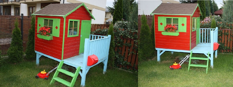Drewniany domek ogrodowy dla dzieci - Tadzio ze ślizgiem