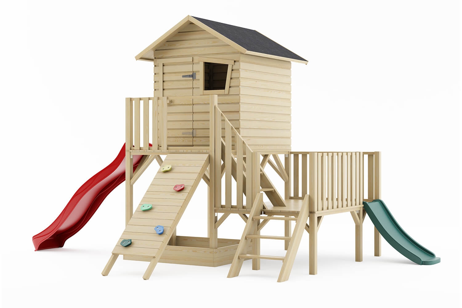 Drewniany domek ogrodowy dla dzieci - Hipcio z dwoma ślizgami i ścianką wspinaczkową