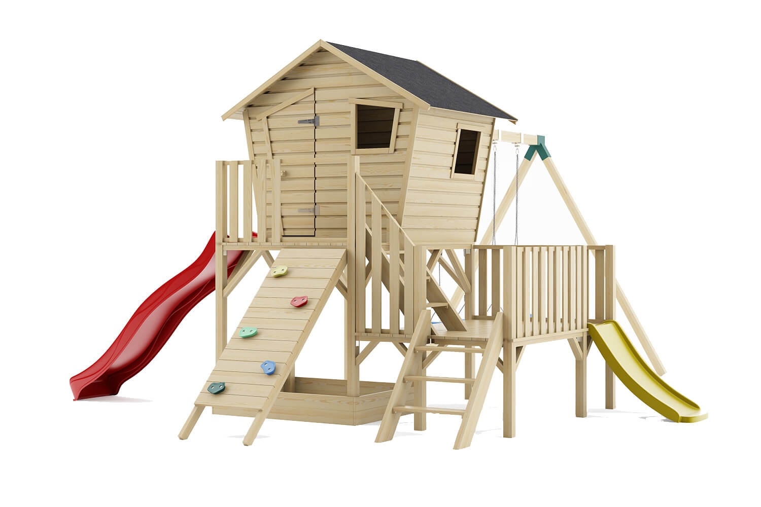 Drewniany domek dla dzieci Małgosia Max z platformą, podwójną huśtawką, dwoma ślizgami i ścianką wspinaczkową 