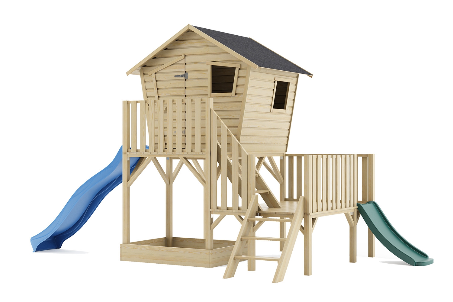 Drewniany domek dla dzieci Małgosia Max z platformą, z dwoma ślizgami 