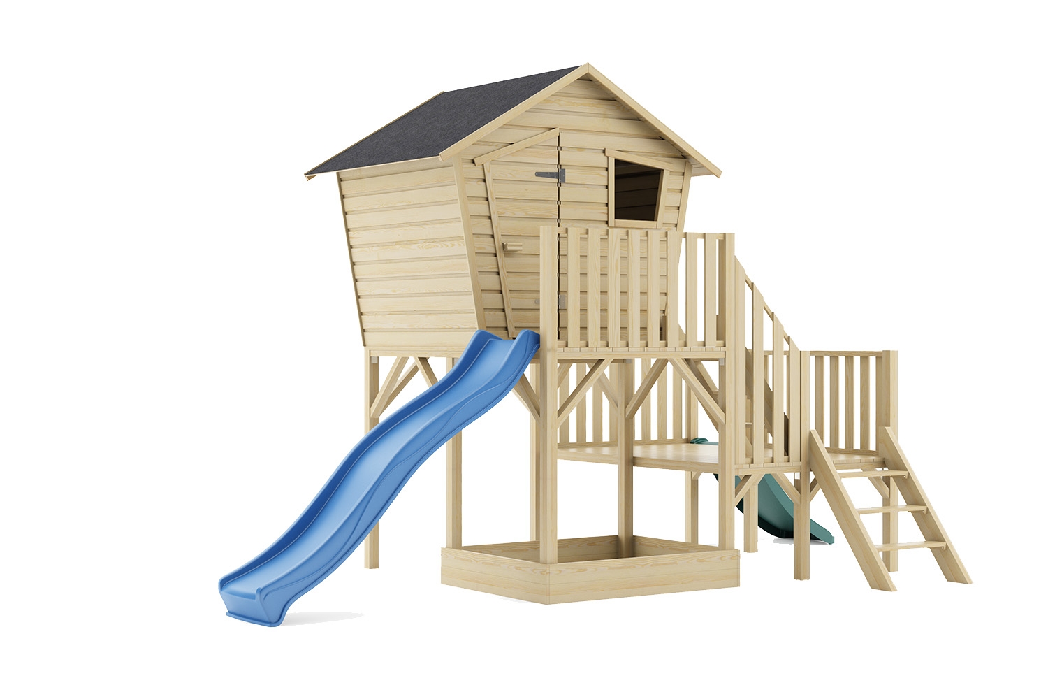 Drewniany domek dla dzieci Małgosia Max z platformą, z dwoma ślizgami 
