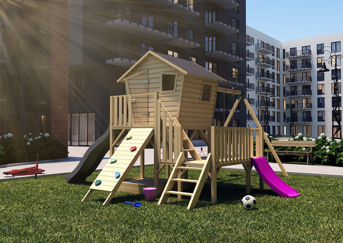 Drewniany domek dla dzieci Małgosia Max z platformą, pojedynczą huśtawką, dwoma ślizgami i ścianką wspinaczkową