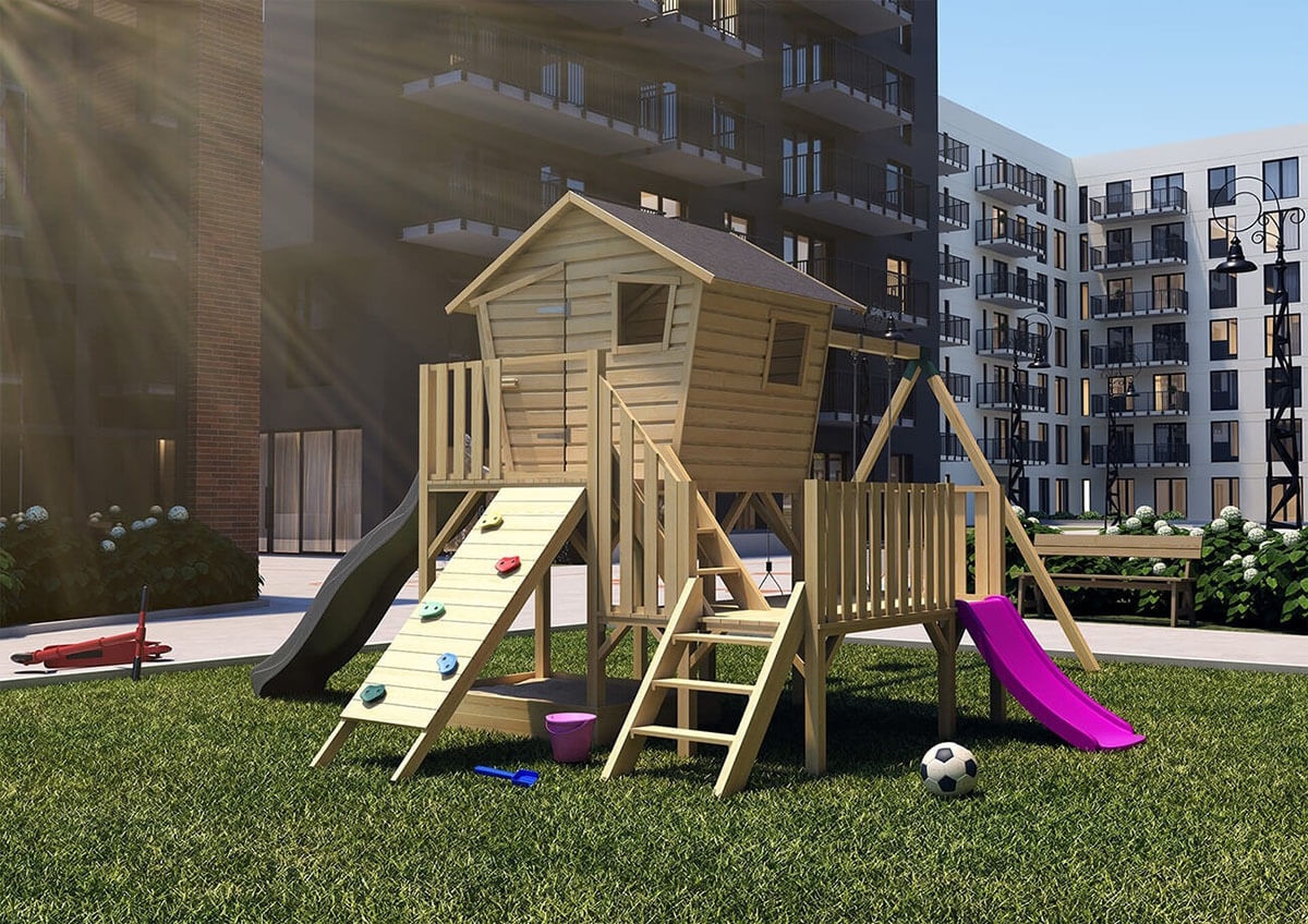 Drewniany domek dla dzieci Małgosia Max z platformą i długim ślizgiem