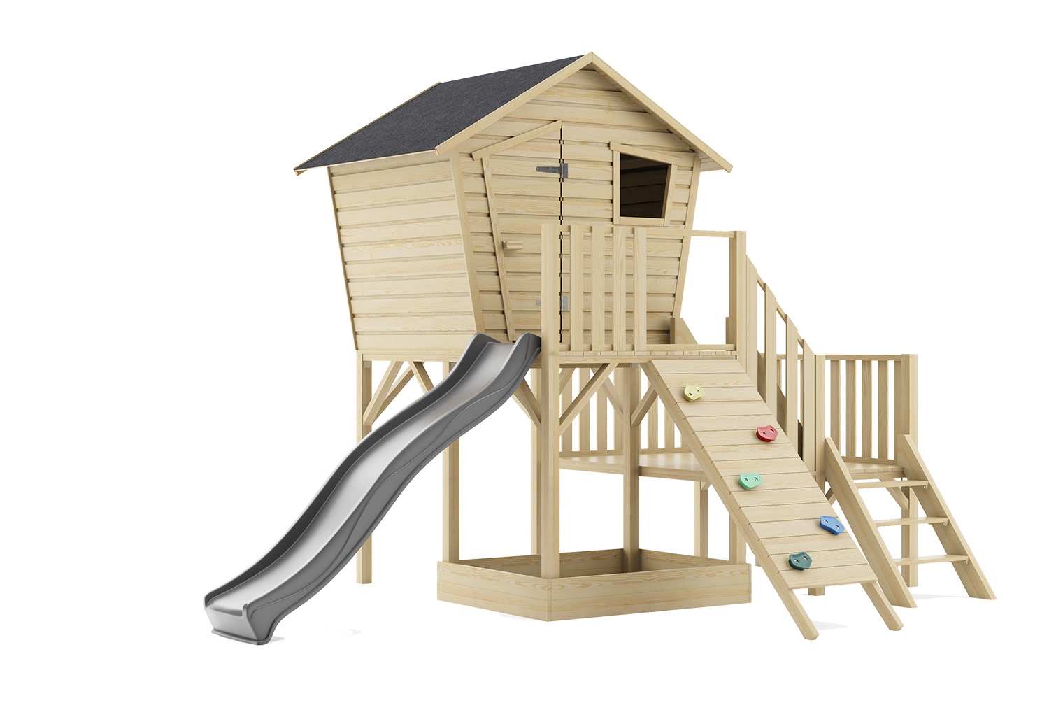 Drewniany domek dla dzieci Małgosia Max z platformą, dwoma ślizgami i ścianką wspinaczkową 